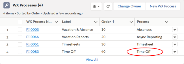 Screenshot: Time Off process highlighted in a WX Processes list