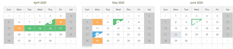 WX Absence calendar showing partial day absences with defined first and second halves indicated with triangles