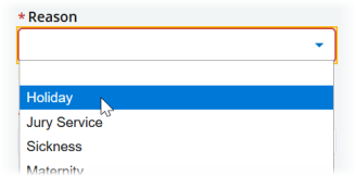 Screenshot: Selecting a reason for the time off