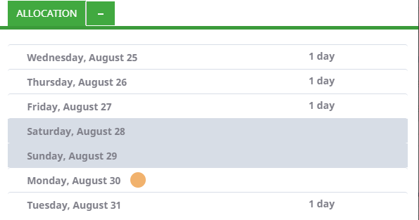 Screenshot: An Allocation section showing working and non-working days