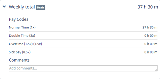 Screenshot: Weekly summary of a timesheet entry