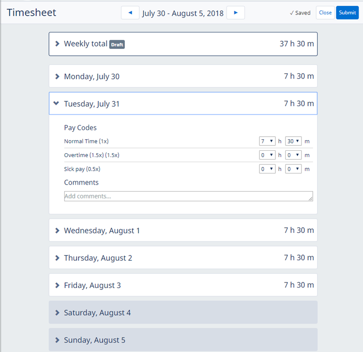 Screenshot: An example timesheet using entry by Pay Code