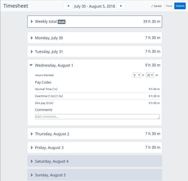 Screenshot: Timesheet with total time entry type