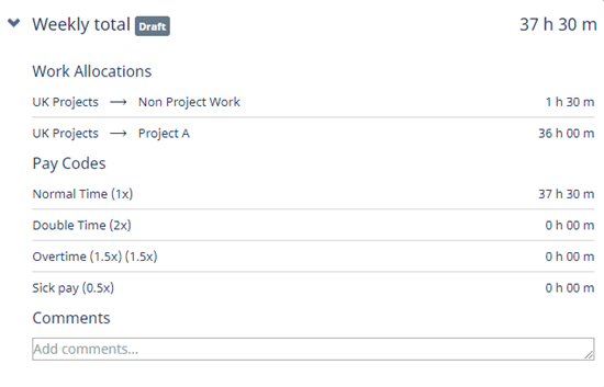 Screenshot: Weekly summary for timesheet entered with work allocations