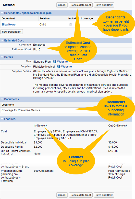 Annotated screenshot: A benefit plan details