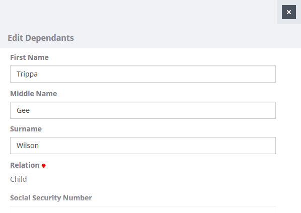 Screenshot: Edit view for updating information on a dependant