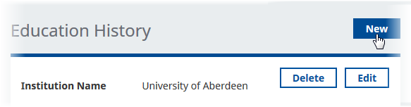 Screenshot: Selecting New to add an Education History entry