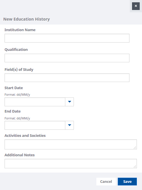 Screenshot: New Education History entry view