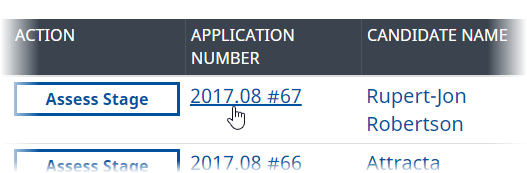 Screenshot: Selecting an application by its application number