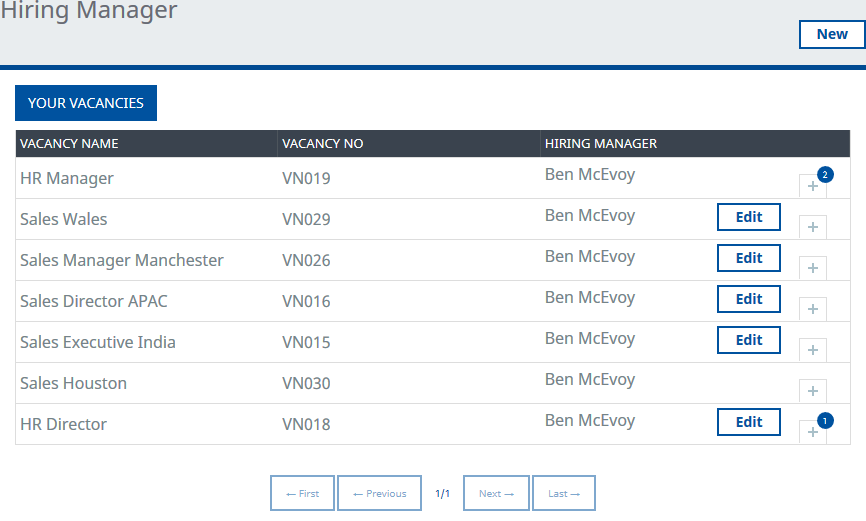 Screenshot: Detail view of the Hiring Manager process, showing your most recenly added vacancy first