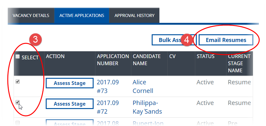 Annotated screenshot: Selecting applications for emailing resumes to a colleague