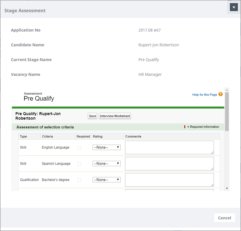 Screenshot: Stage Assessment page