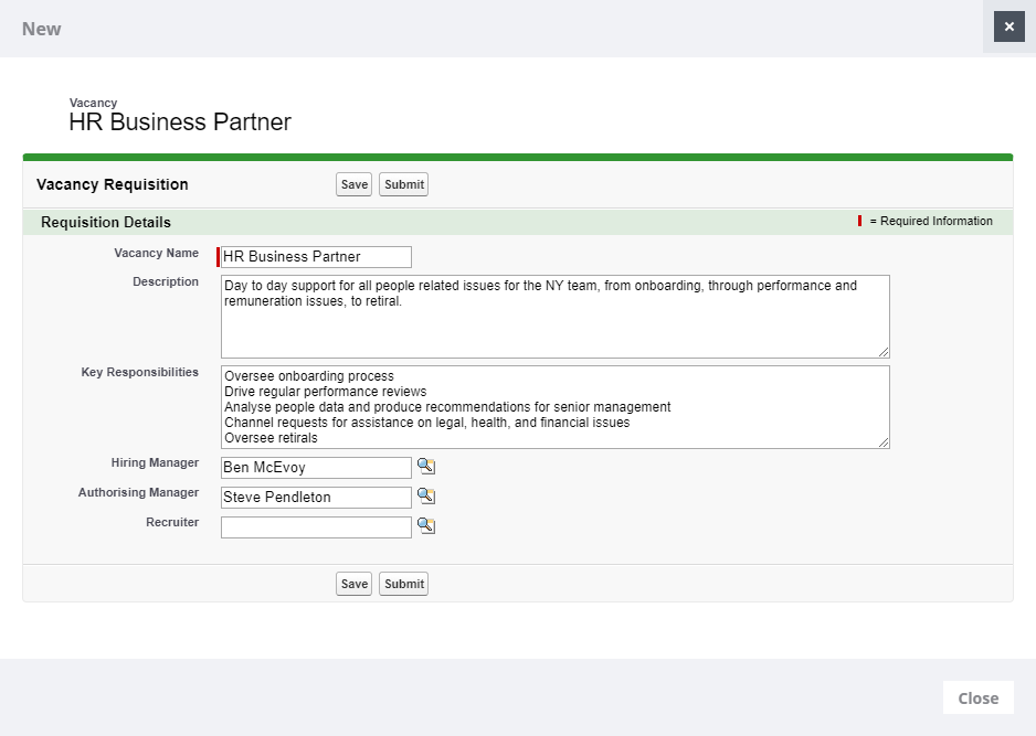 Screenshot: A Vacancy Requisition detail view with details copied from an existing vacancy