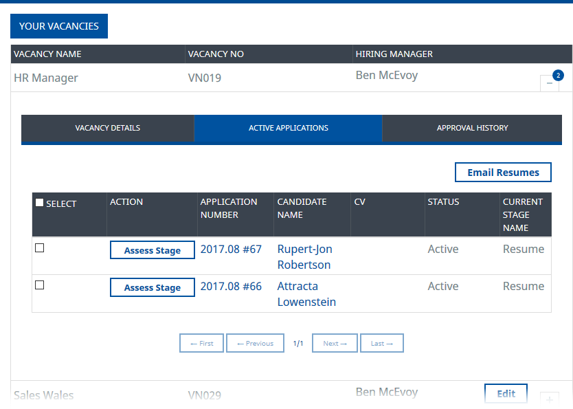 Screenshot: Viewing the Active Applications tab for a vacancy