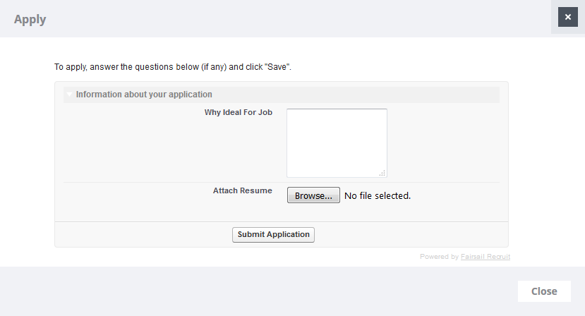 Screenshot: The Apply dialog for an internal vacancy