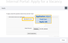 Annotated screenshot: How fields on the Internal Portal Apply for a Vacancy page map to Field Sets