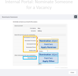 Annotated screenshot: How fields on the Internal Portal Nominate Someone for a Vacancy page map to Field Sets