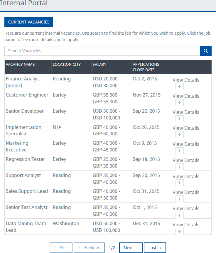 Screenshot: The first page of internal vacancies