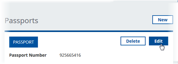 Screenshot: Selecting Edit to update passport details