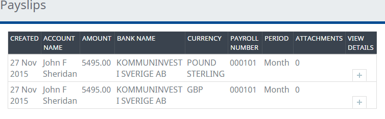 Screenshot: Detail view for the Payslips process