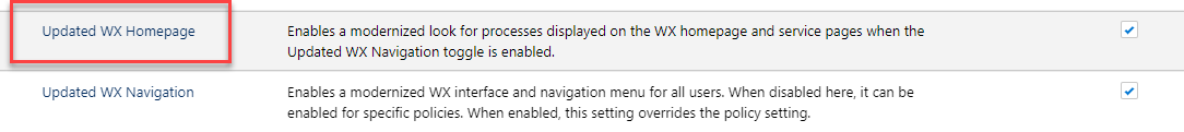 Screenshot: Updated WX Homepage option on the HCM configure page