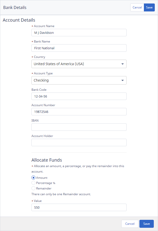 Screenshot: Bank account details for editing