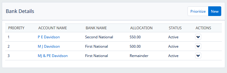 Screenshot: Bank Details process detail view showing three bank accounts