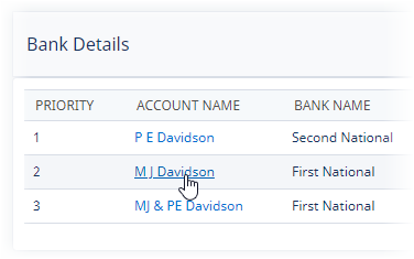 Screenshot: Selecting a bank account for editing by selecting its name