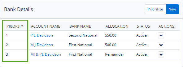 Screenshot: Priority column highlighted on the Bank Details page