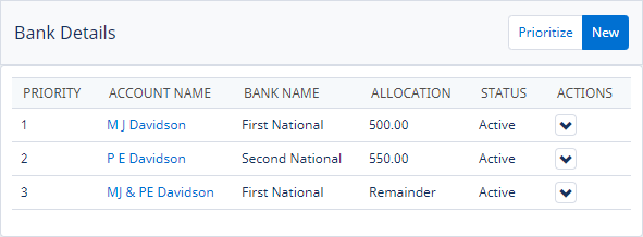 Screenshot: Bank details view after changing priorities