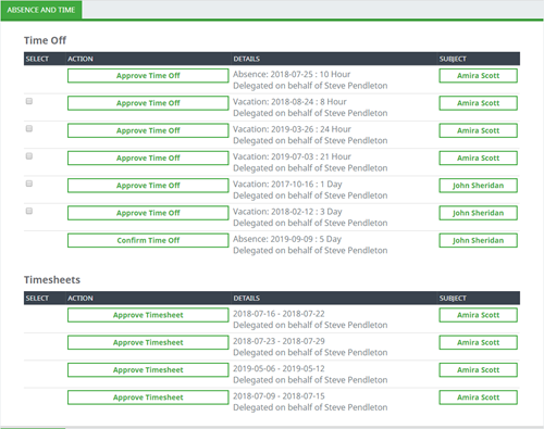 Screenshot of an Assitant's delegated actions for Time Off and Timesheet processes