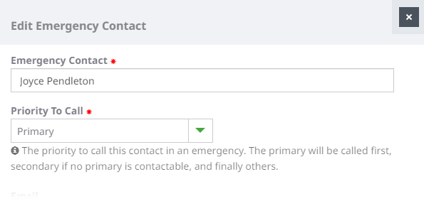 Screenshot: Priority to Call field displaying help text for the field underneath the field