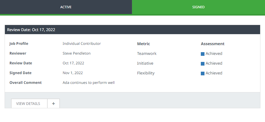 Screenshot: A completed Metrics Review, Signed tab