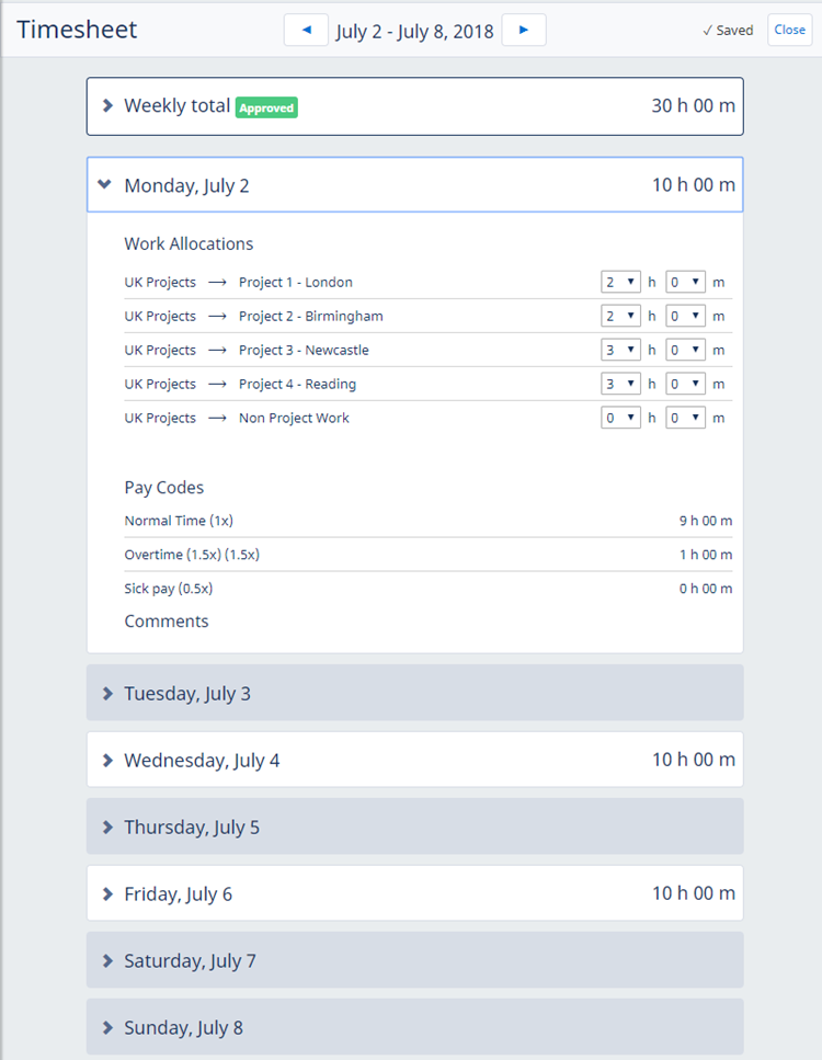 Screenshot: Viewing a completed, approved timesheet