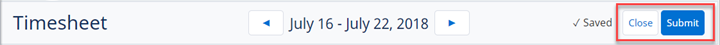 Screenshot: Submit and Close buttons on a timesheet highlighted