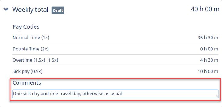 Screenshot: Timesheet summary with the Comments field highlighted