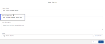 Screenshot: Report Unique Name field on the Save Report dialog