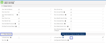 Screenshot: 'Is Private' Default field on the Absence Accrual Rule page.