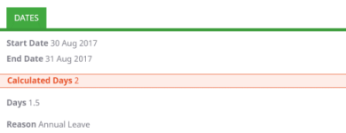 Screenshot: Calculated days displays 2 and requested days 1.5