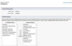 Screenshot: Editing Reason picklist for the Absence record type