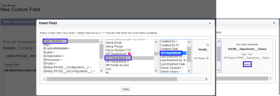 Screenshot: Selecting the HR Department field with the arrow to access the fields in the HR Department object